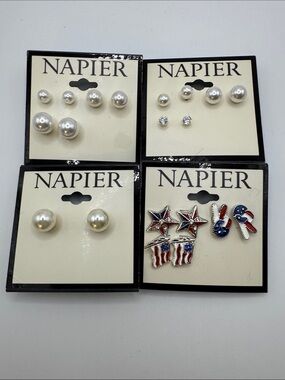 4 Pairs of Napier Faux Pearl and Red White Blue Enamel Stud Earrings